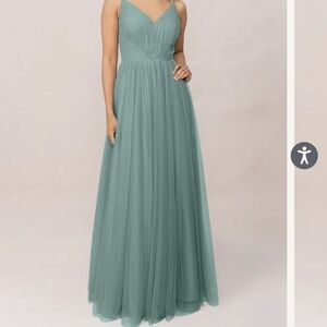 Revelry Green Ruched Maxi Gown for Prom